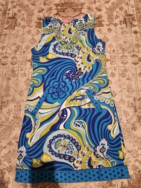 Sleeveless Blue Paisley-Print Shift Dress with Beaded Neckline